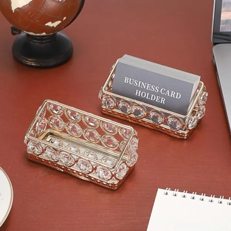 2 Packs Crystal Business Card Holder with Gold Metal for Office Desk Bling Business Card Display Stand for Women, Name Cards St
