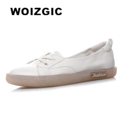 WOIZGIC Women's Ladies Female Mother Genuine Leather White Shoes Flats Retro Lace Up Non Slip Korean Size 34-41 JZ-19211