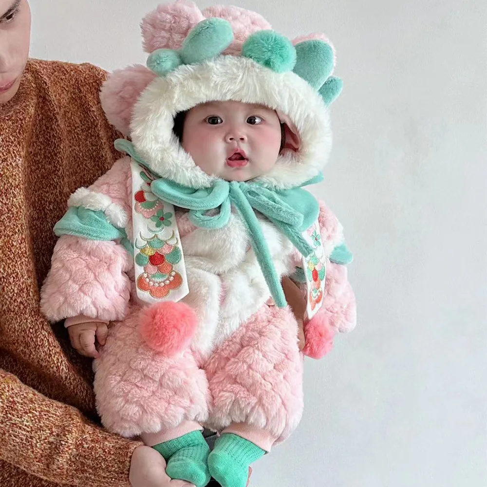 2025 Winter Hanfu Children's Clothing First Birthday Outfit Baby Romper Newborn Bodysuit New Year Outfit Outdoor Wear