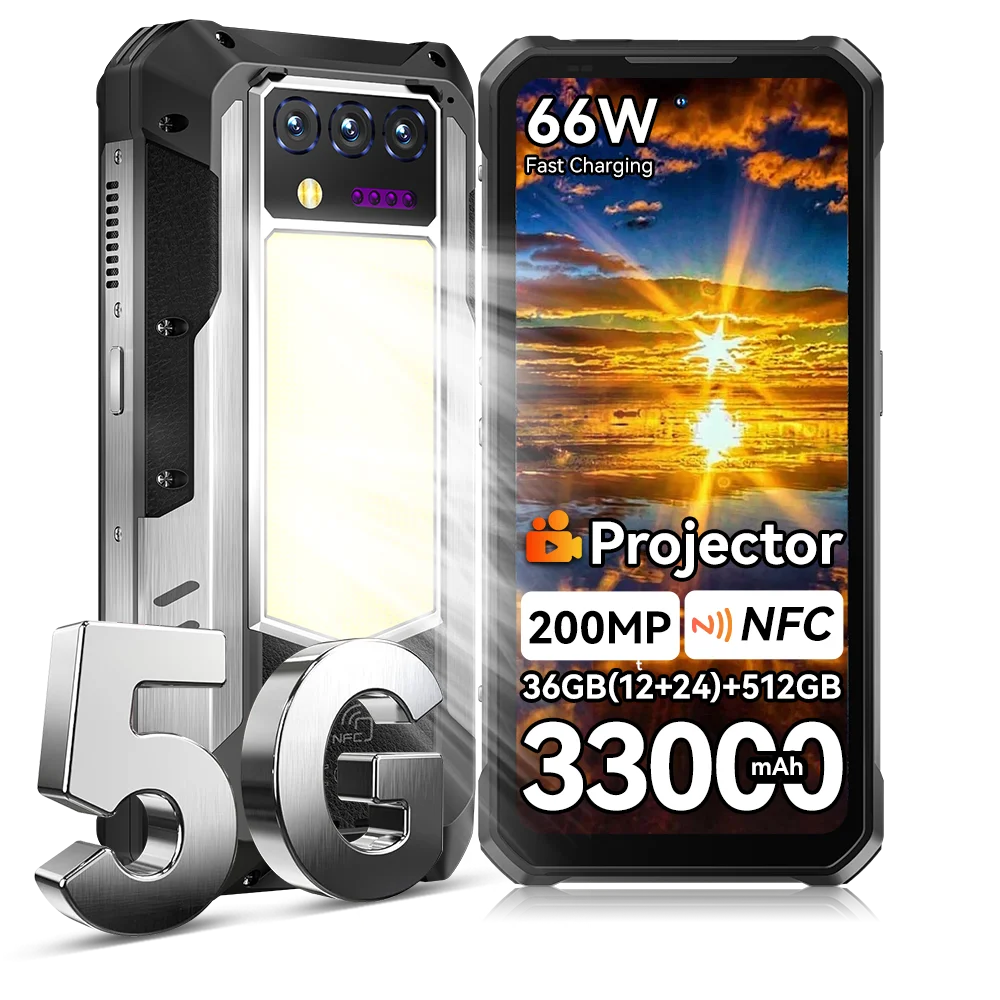 Smartphone robuste OUKITEL WP100 TITAN avec projecteur intégré, 12 Go + 512 Go, 33000 mAh, lampe de camping 1200 lumens, 200 MP, NFC, 66 W