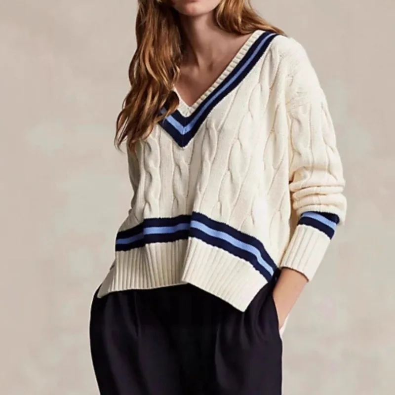 

2025 New Women's Retro V-Neck Sweater Oversized Loose Fit Color Block Striped Cable Knit Pullover Soft Cozy Fall Winter Casual