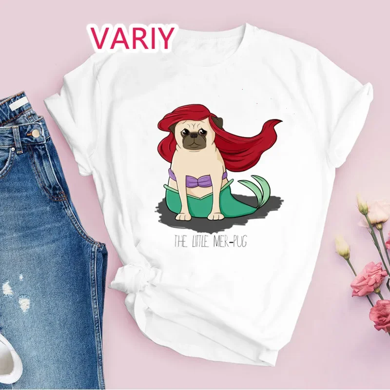 

The Little Mermaid Princess Graphic Tops Printed Women T Shirt Summer Casual Short Sleeve Tees Pet Pug Print 90s Tee shirt