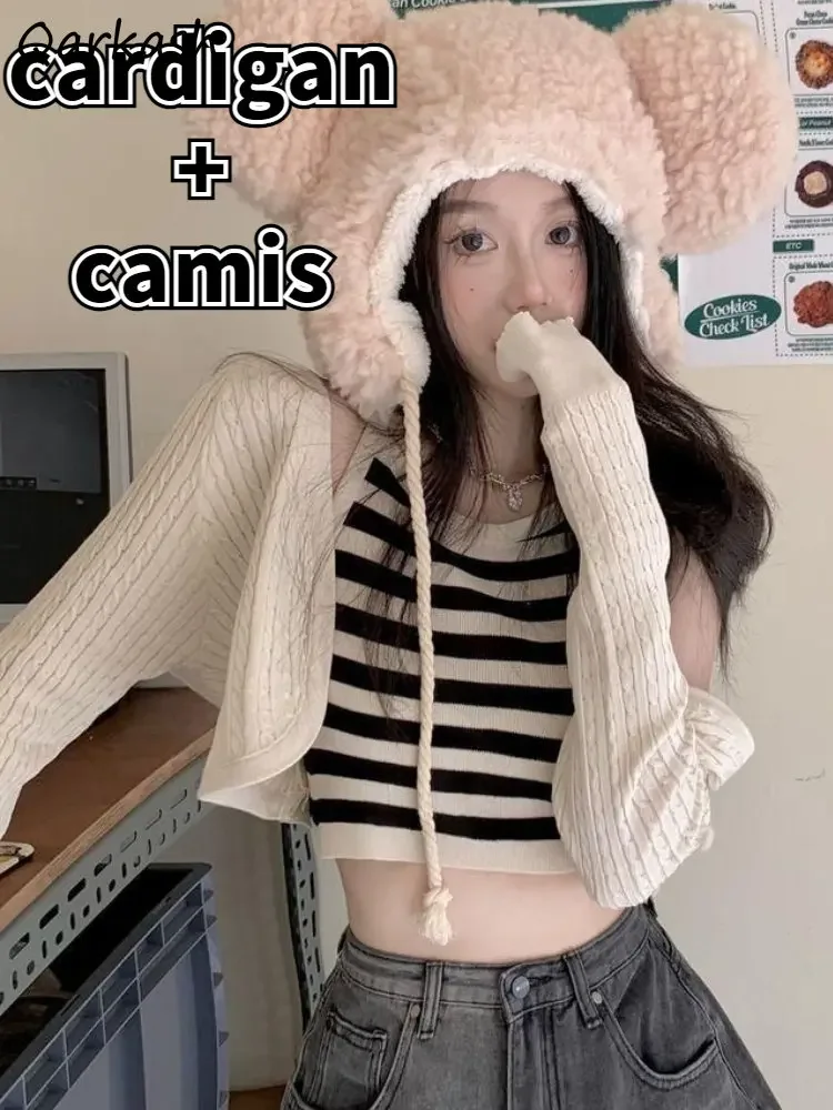 

Комплекты из 2 предметов, женские укороченные топы, полосатый камзол, кардиган с длинными рукавами, весенний, милый, простой, для молодежи, повседневный, эстетичный, универсальный, на каждый день