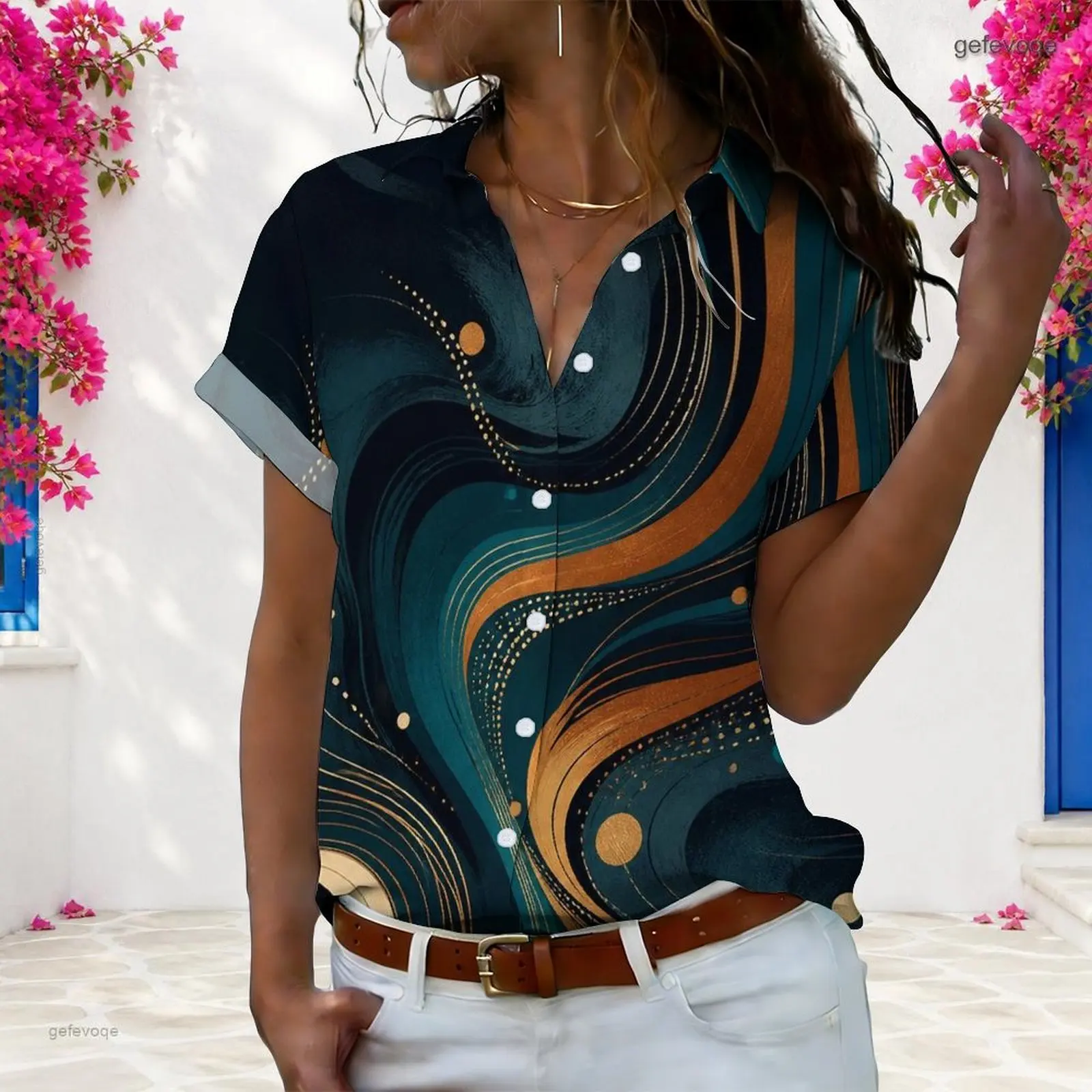 Women Printed Shirt Collared Neck Short Sleeve Button Front Curved Hem