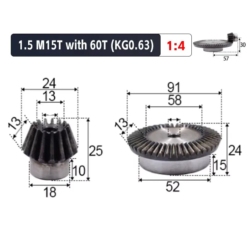 2pcs 1:4 Bevel Gear 1.5Modulus 15Teeth +60Teeth Hole 8mm*10mm Steel 90Degree Drive Commutation Steel Gears Steel Gears Screw M5