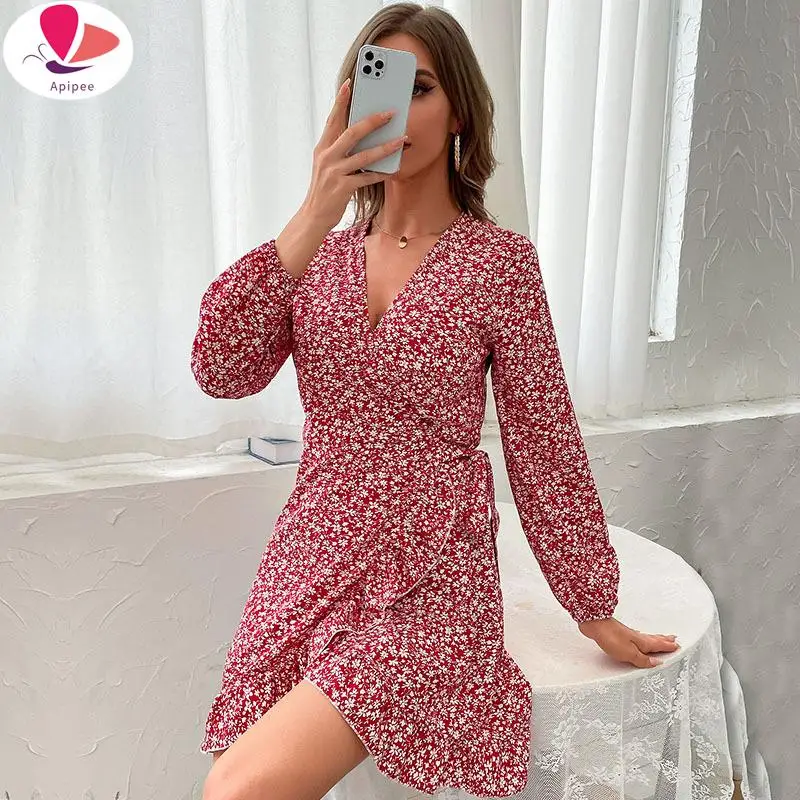 

APIPEE 2024 One-Piece Long Sleeve Red Dress Vestido Feminino Dresses For Women 2024 Autumn Winter