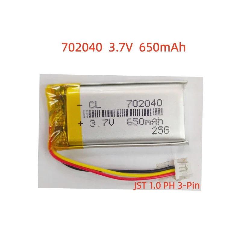 JST1.0 3pin 702040 3.7V 650mAh  Rechargeable Lithium Polymer Battery for GPS Locator Mp3 Beauty Medical Equipment LED Light