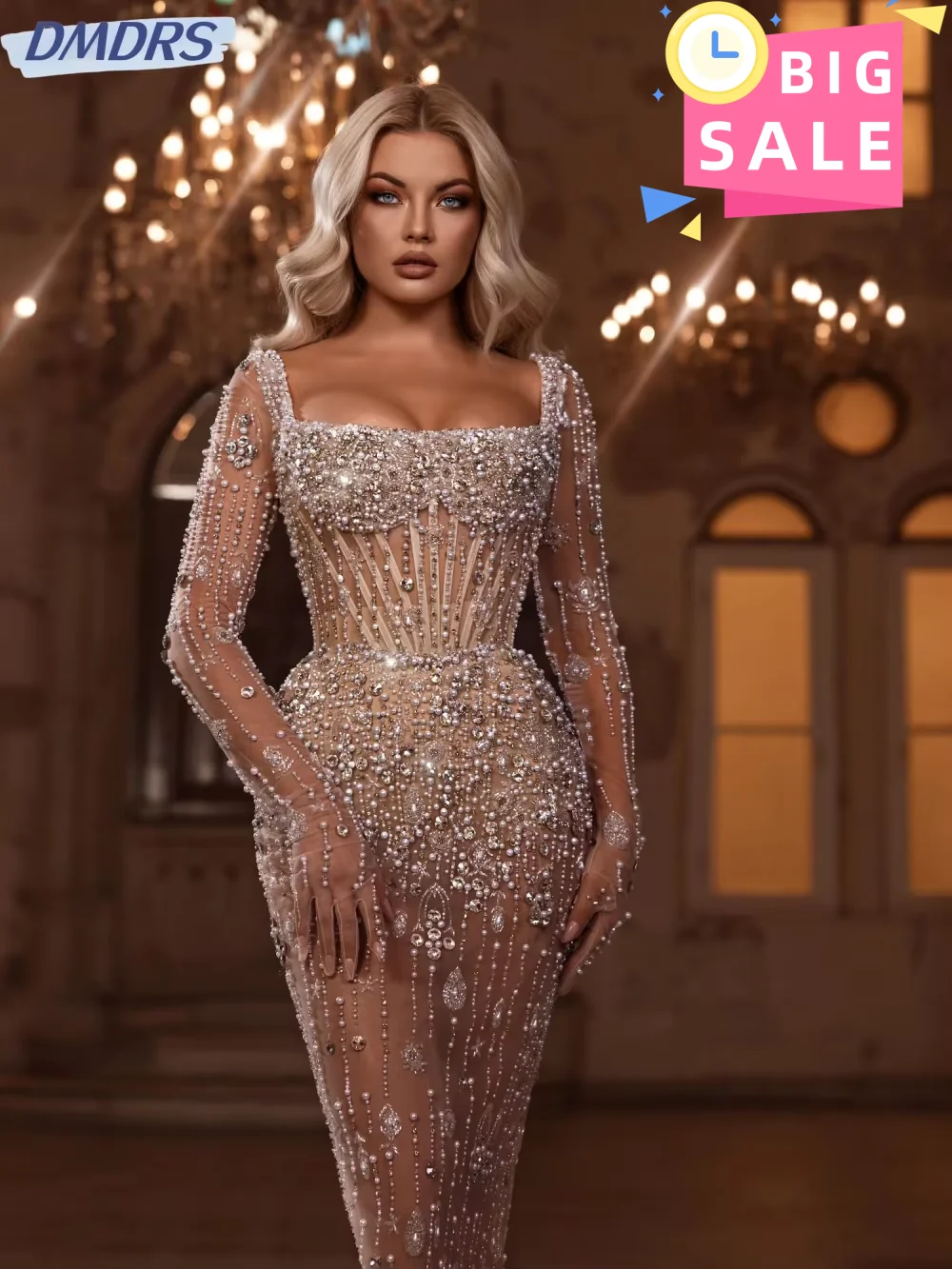 

Sexy Illusion Square Neck Cocktail Dresses Shiny Pearls Crystal Evening Dress Luxury Long Prom Gown Customized Robe De Mariée