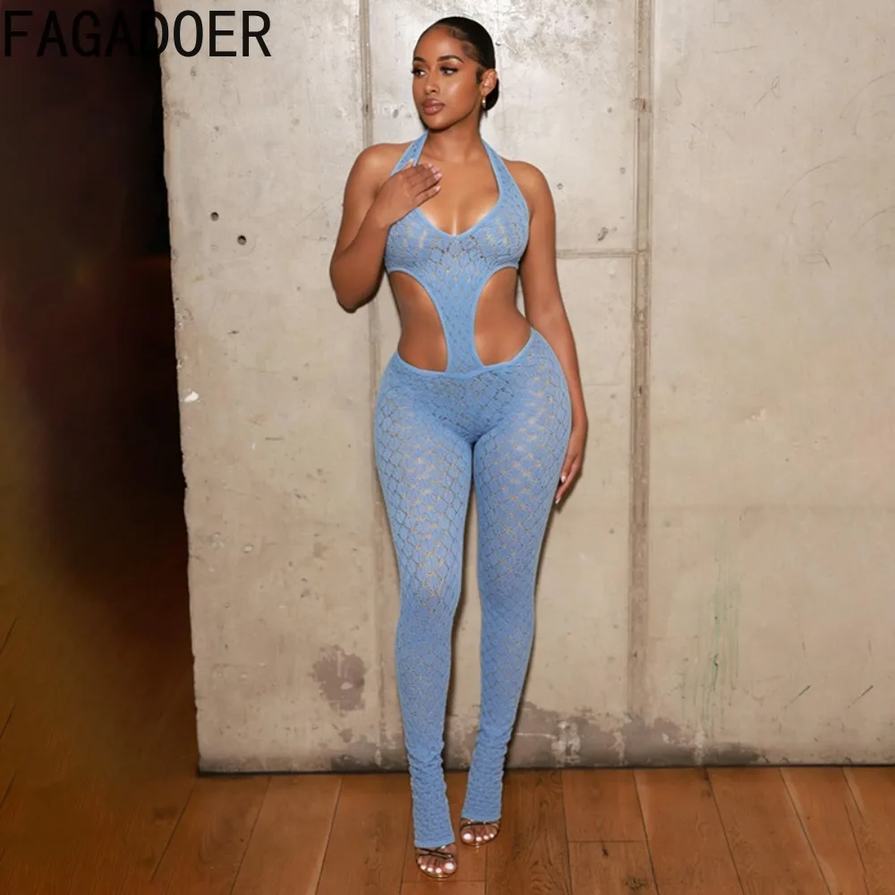 FAGADOER Sexy Lace Hollow-out Patchwork Bodycon Jumpsuits Woman Halter See Through Backless Rompers Female Streetwear Overalls - Image 3