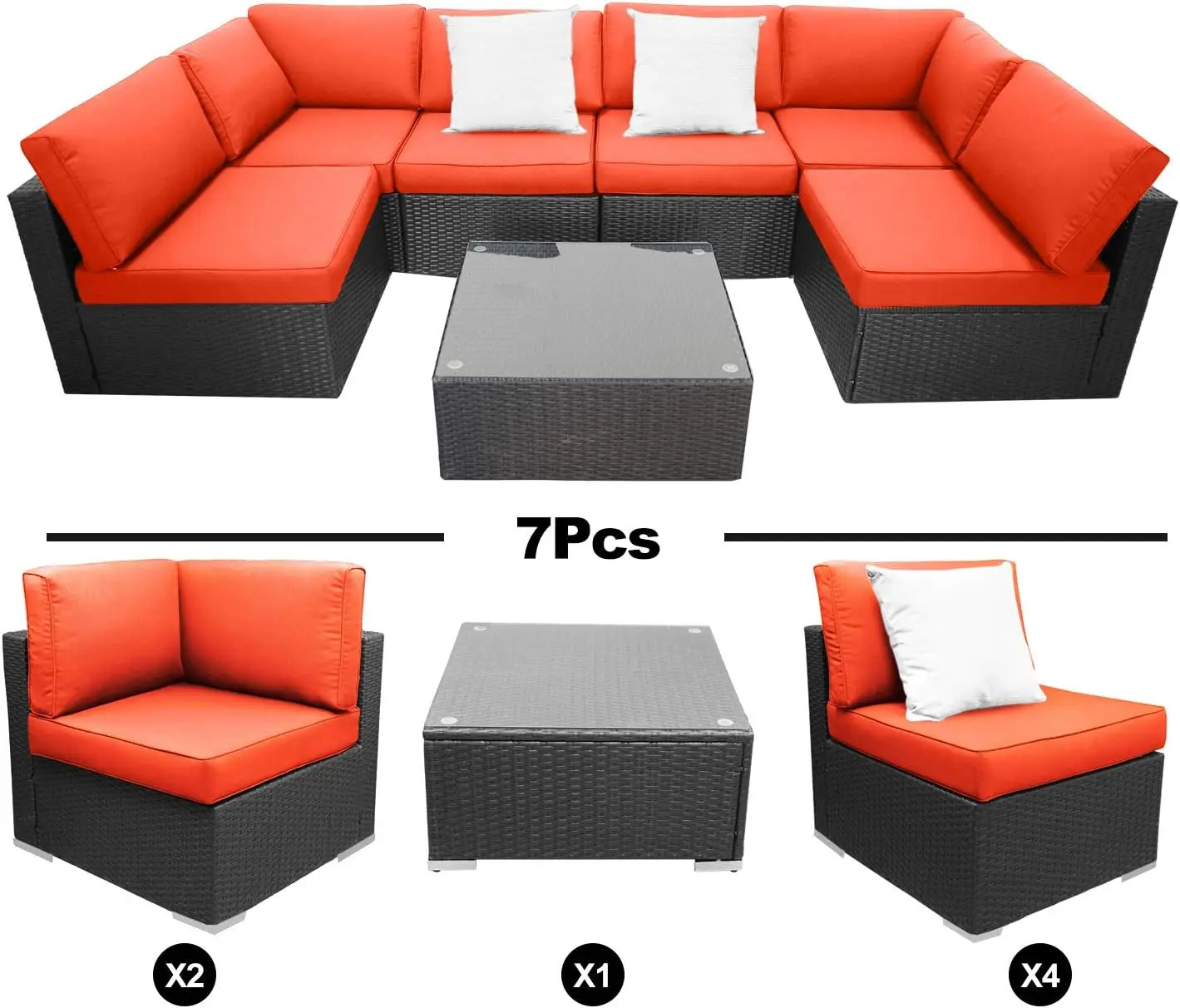 Móveis de vime do pátio com almofadas, 7 peça, Rattan Sofá Set, Conjuntos de Conversa, 1 aba de vidro temperado