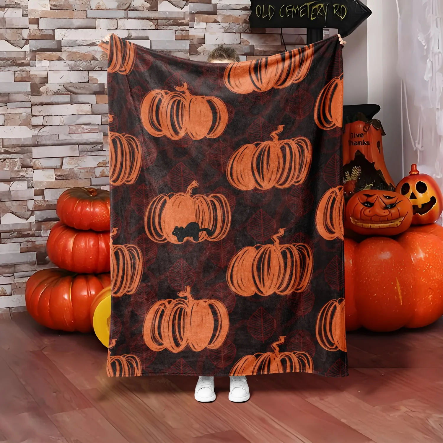 1PC Halloween-Thema-Überwurfdecke, Kürbiskunst, schwarze Katzen, dünne Decke, Geschenke für Couch, Bett, Auto, Zuhause, Camping, alle Jahreszeiten