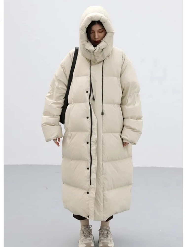 Winter New Down Coat Women Mid Length Windproof Hooded Standing Collar Loose Warm Casual White Duck Down Coat