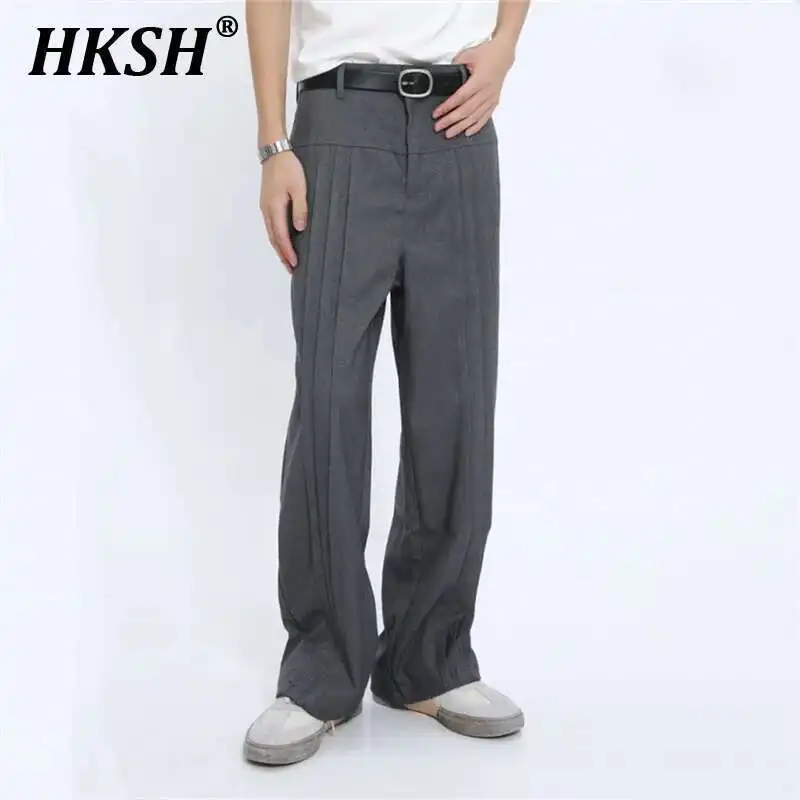 

HKSH Spring Autumn New Trendy Men's Suit Pants Straight Handsome Casual Wrinkle Resistant Pleated Dark Chic Punk Trousers HK3934