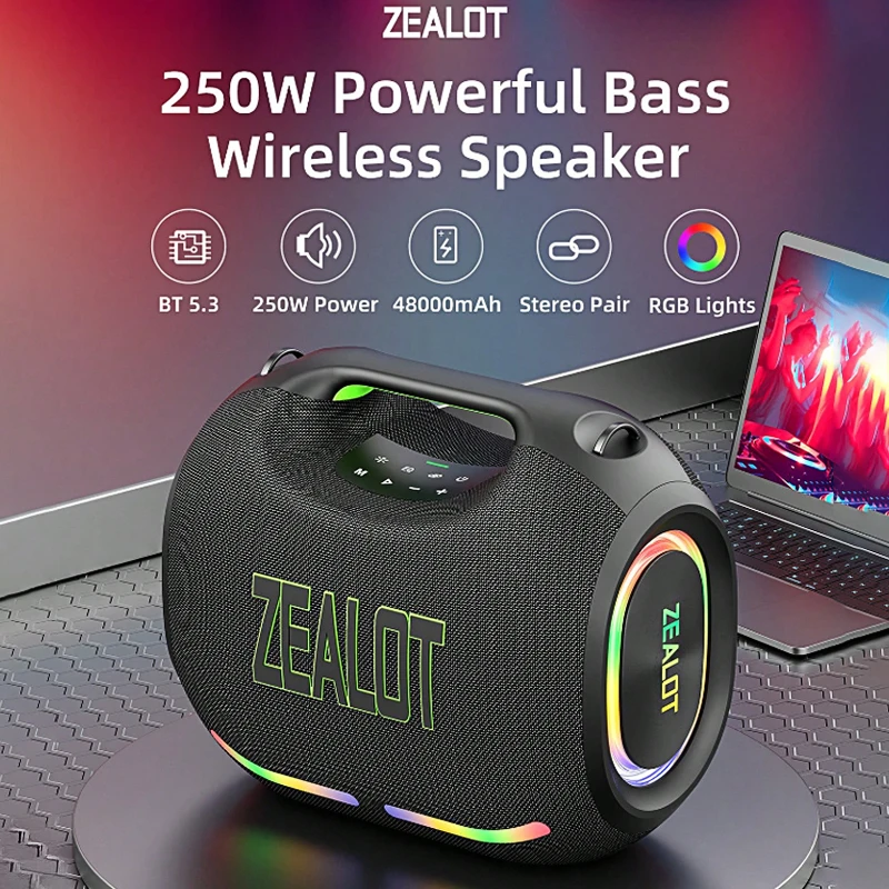 ZEALOT ZE21 Altoparlante wireless da 250 W, portatile da esterno, batteria lunga 48000 mAh, con luci colorate RGB, fino a 18 ore di riproduzione.