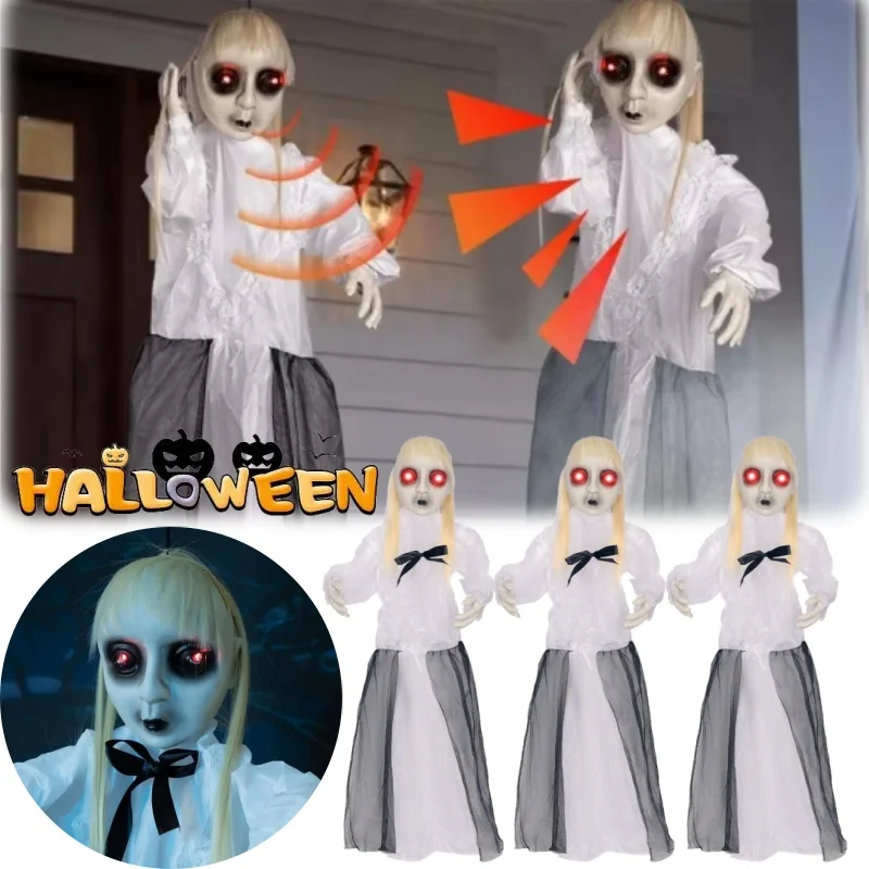 

Halloween Animatronic Hanging Ghost Decor with Motion Sensor Light and Sound Scary Witch Prop for Haunted House Party Decoration