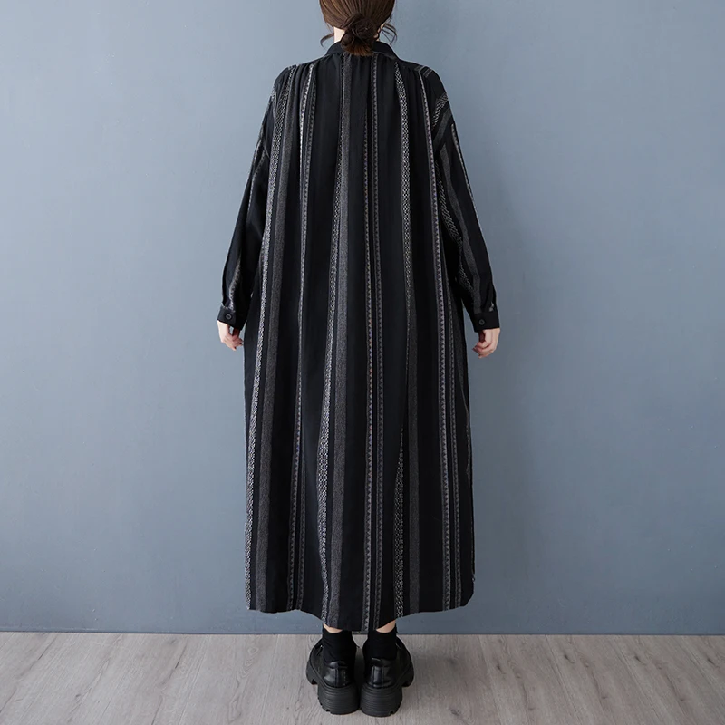 Vestido Csa Primavera 2025 Plus Size Aodão Linho Solto com Cinto Modelador Saia trada Estilo Vintage Manga Longa