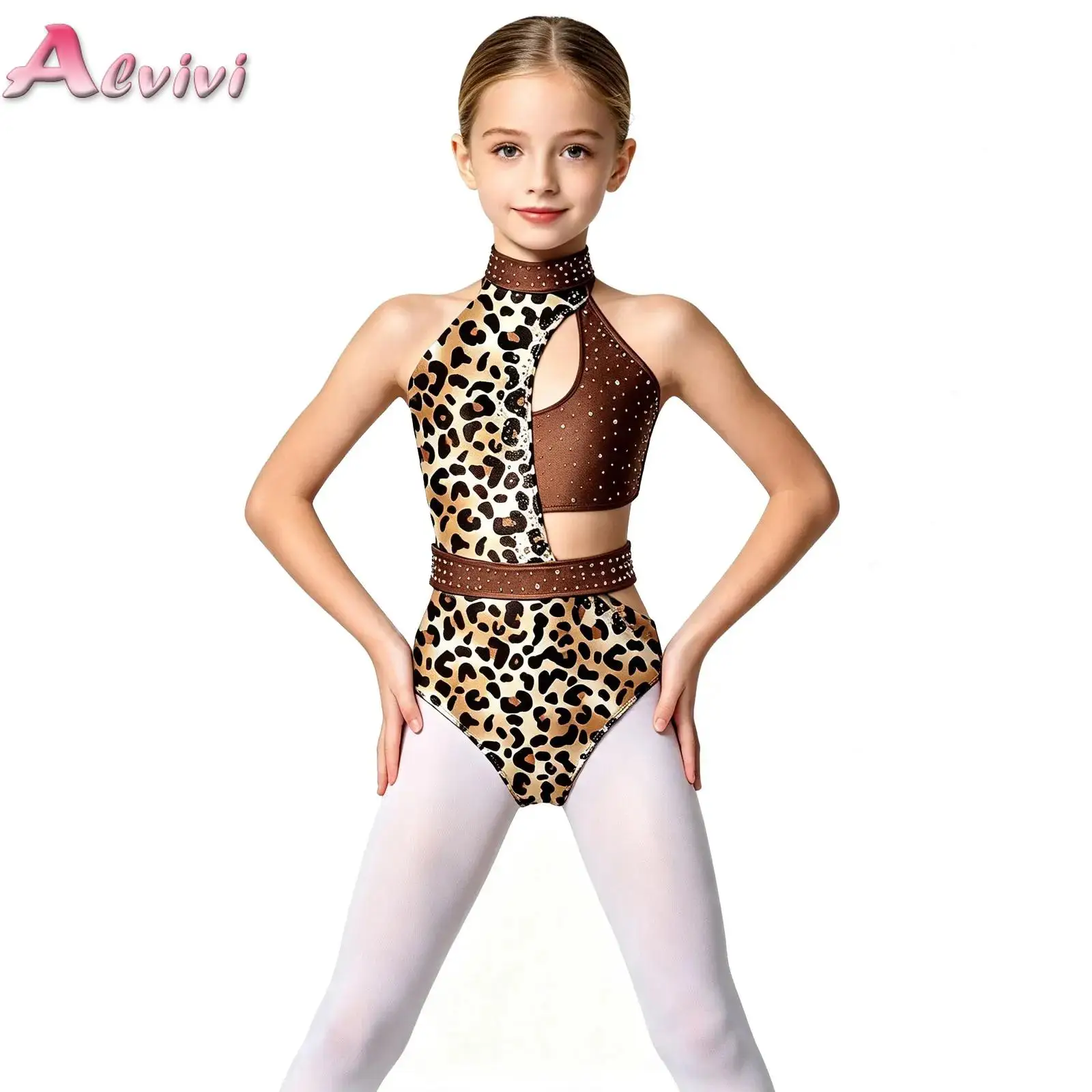 Kids Girls Sleeveless Bodysuit Rhinestone Cutout Triangle Jumpsuit for Gymnastics Ballet Dance Stage Performance Competition