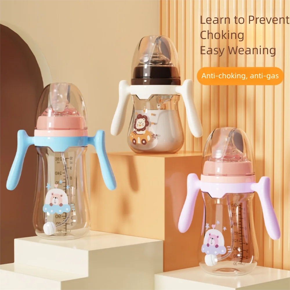 

New 180ML/240ML Baby Bottle Portable with Handle Water Cup Anti Bloating Anti Falling Silicone Straw Bottle Baby Feeding Supply
