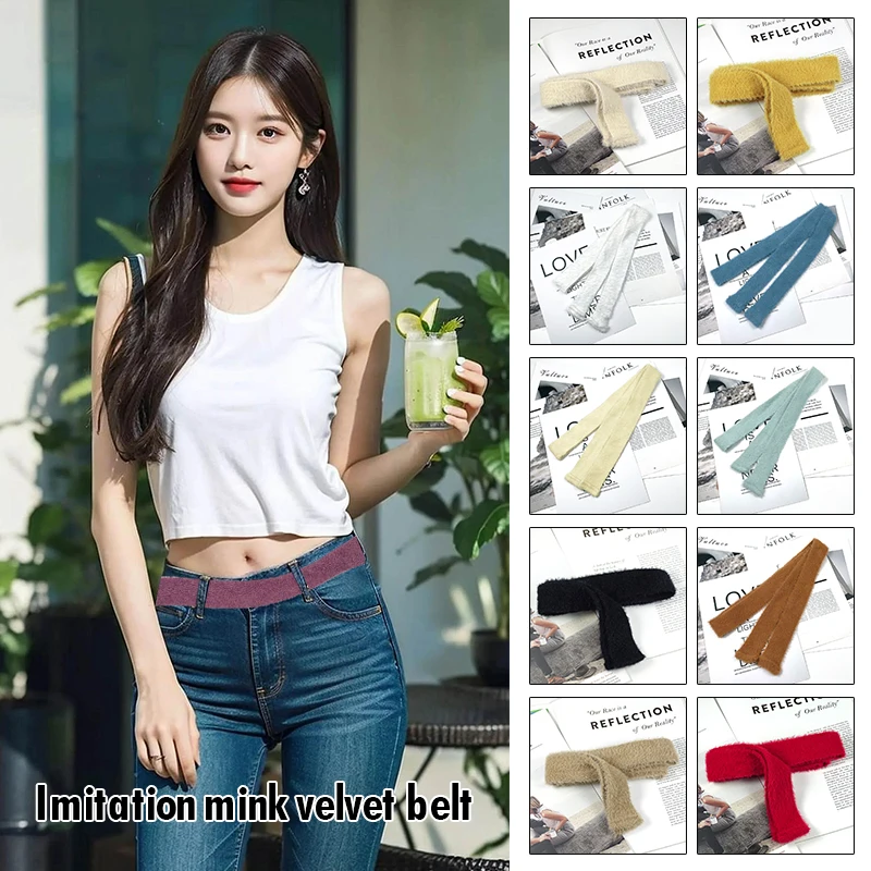 Womens Winter Fashion Imitation Mink Waist Belt Velvet Mohair Knit Sash Belt Lace Up Fuzzy Ribbon Belt Robe Coat Decor Waistband