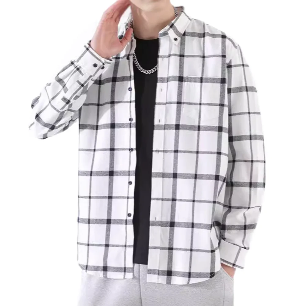 

Стильная хлопковая мужская блузка с пуговицами и отложным воротником в клетку, женская уличная одежда, универсальная рубашка с длинным рукавом, унисекс, для студентов