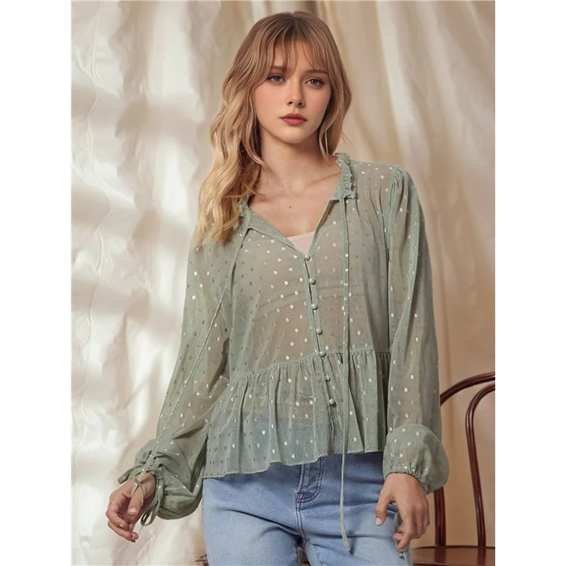 ABP-Blusa de manga larga peplum con volantes delanteros y lazo de lunares de malla transparente para mujer