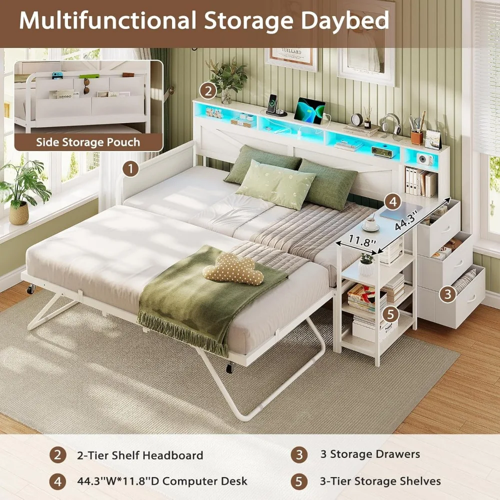 Tempat Tidur Daybed Twin dengan Tempat Tidur Lipat, Rangka Tempat Tidur Kayu Gaya Farmhouse dengan 3 Laci Penyimpanan dan Rak, Tempat Tidur Daybed Twin hingga King