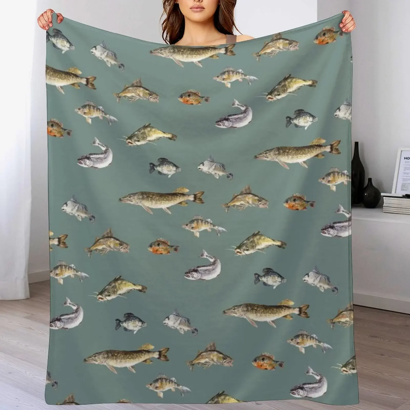 

Freshwater Fish Watercolor Illustration Throw Blanket Weighted Luxury Large warm winter Blankets