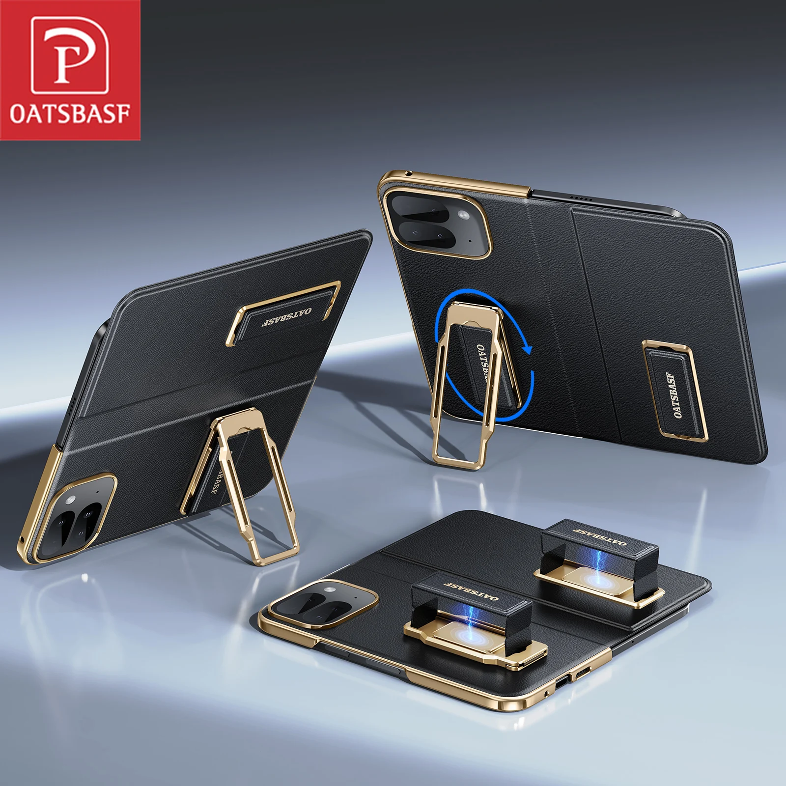 

Кожаный чехол для телефона Oatsbasf с двумя ремешками для Google Pixel 9 Pro, складной чехол с металлической подставкой 360° ° Вращающийся противоударный полное покрытие