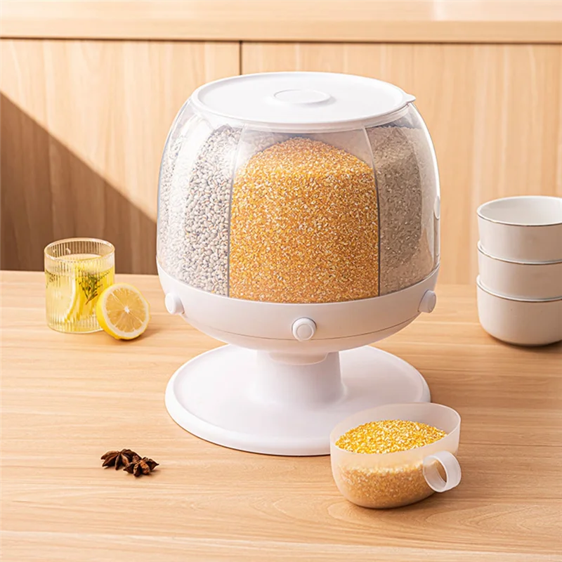 

Ультра 1 комплект, влагостойкий дозатор для риса, герметичный дозатор для хлопьев, вращающаяся на 360 градусов банка для хранения разных зерна, 6 сеток, белый