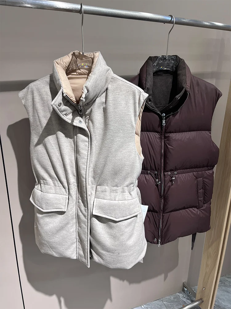 Women Goose Down Vest Wool Blend Fabric Stand Collar Drawstring Waist Sleeveless Puffer Gilet Winter Warm Outerwear