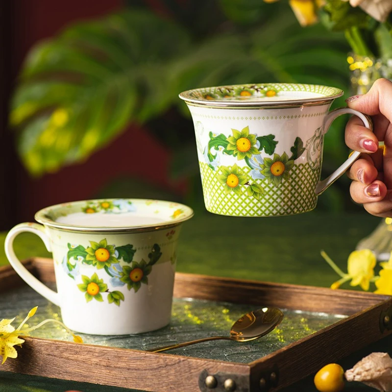 

Европейская керамическая кофейная чашка, зеленая кружка с крышкой, винтажная бытовая офисная кружка для завтрака, овсяная кружка для молока, окрашенная цветочная чашка для чая, воды, новинка