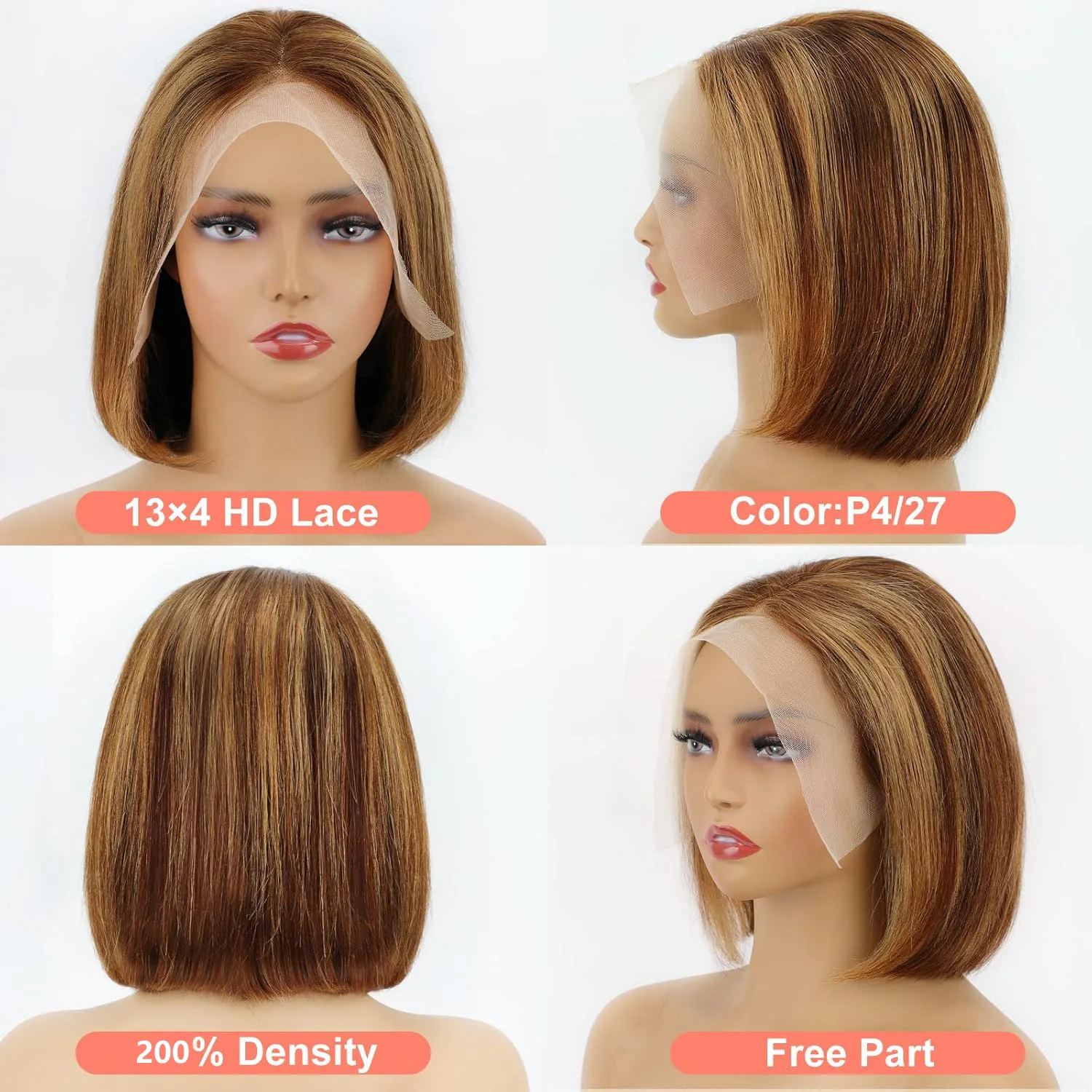 Bob-Perücke, Echthaar, Highlight Ombre, 13 x 4, Lace-Front-Perücken, 4/27, honigblonde Perücken, Echthaar, vorgezupft, mit Babyhaar, 200 Dichte