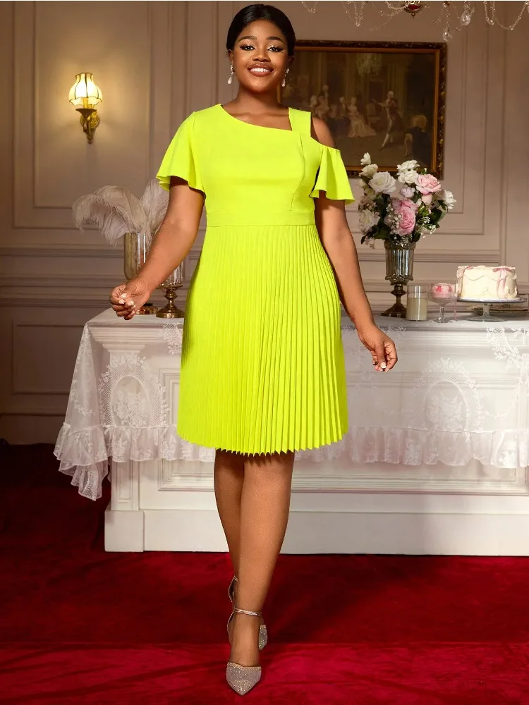 Women's Asymmetrical Off-the-Shoulder Elegant Dress Oversized Lotus Leaf Sleeves Cinched Waist Fashionable Pleated Skirt