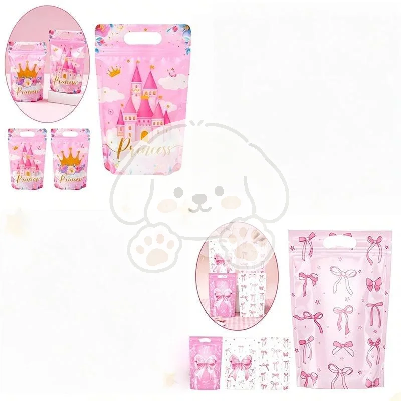 Pink Bow Pattern Zipper Gift Bags 10/25Pcs Stand Up Self Sealing Pouches with Handle for Party Wedding Favor Packaging