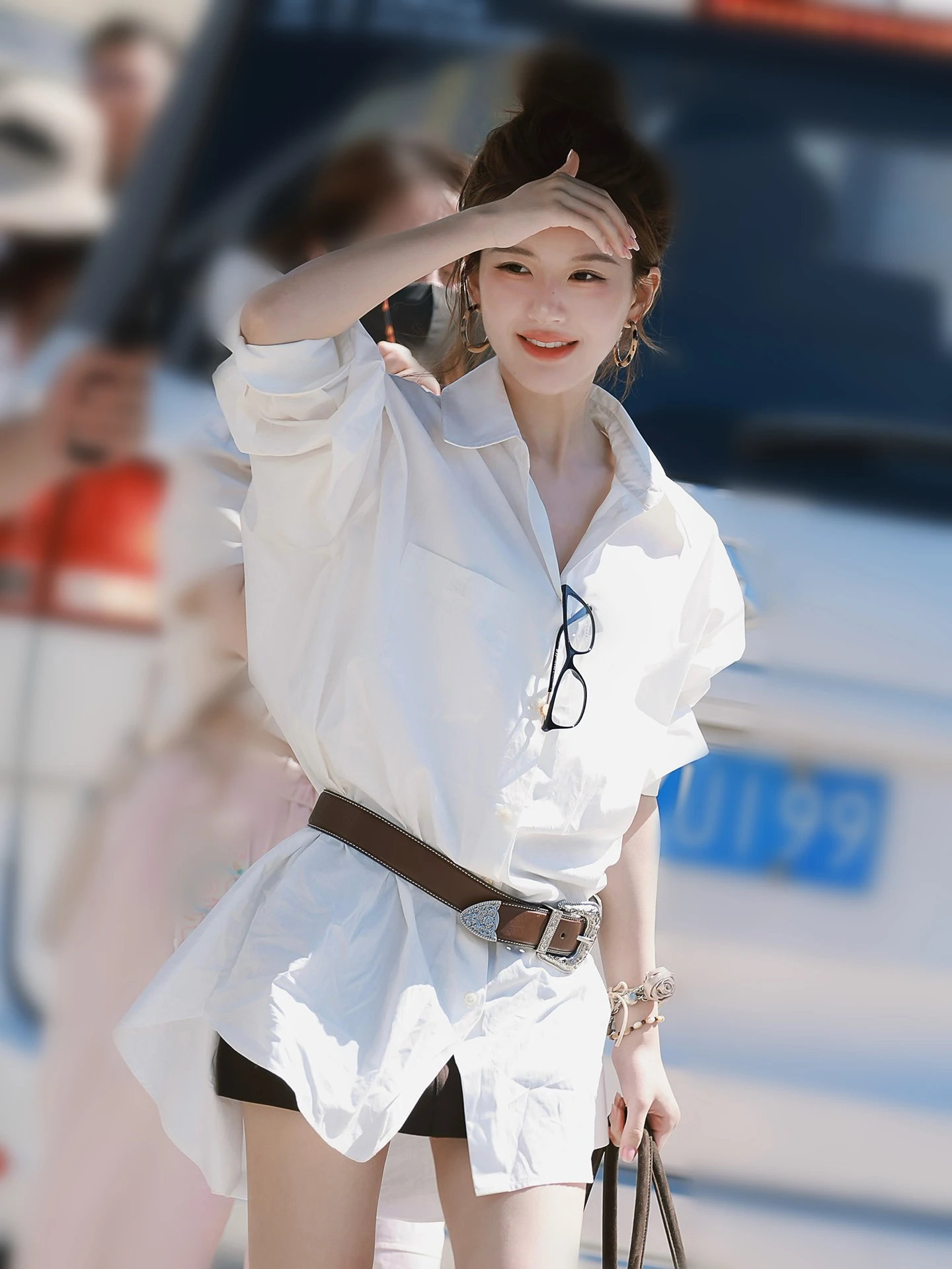 

White Waist-Cinching Midi Dr Women's irt Sle Casual Cotton Blend Long Sve Button Detail Office Commute Faion