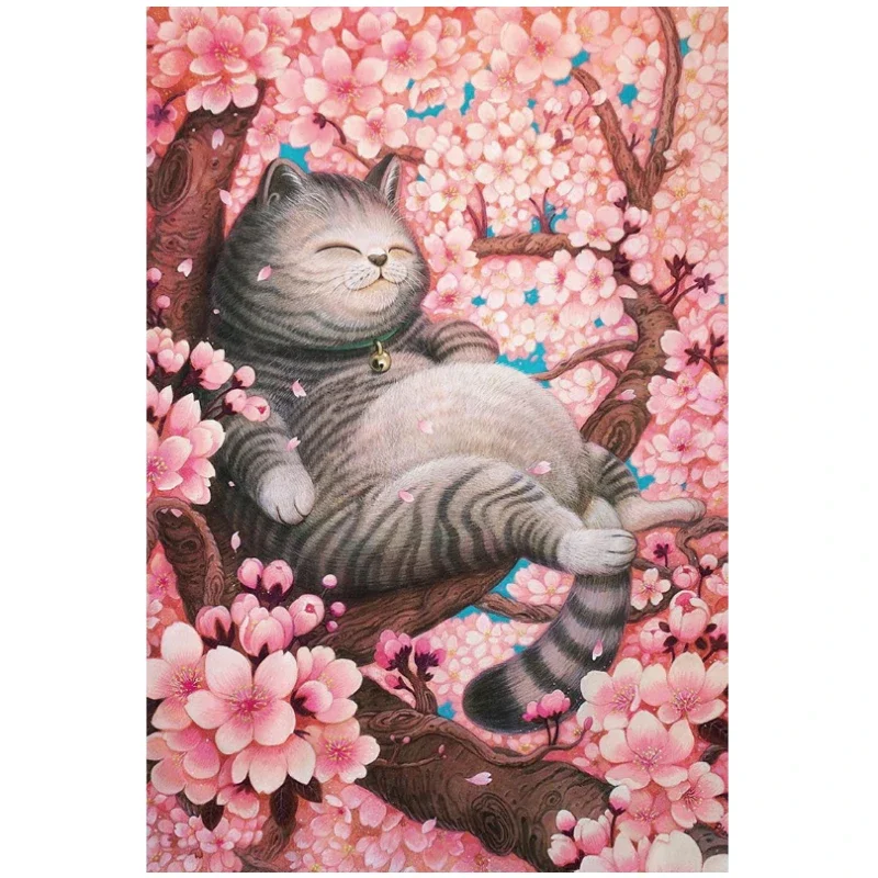 38*26cm Adults 1000 Pieces Paper Jigsaw Puzzles Cherry Blossom&Cat Cute Animals Paintings Stress Reducing Toys Christmas Gifts