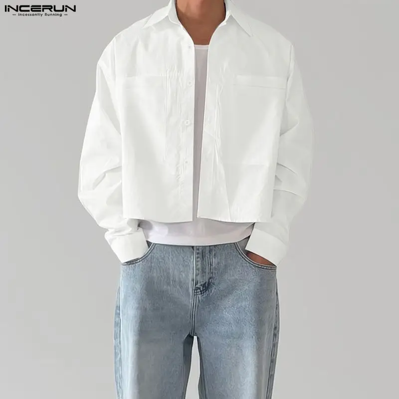 INCERUN Men's Shirt Solid Color Lapel Long Sleeve Korean Style Casual Men Clothes Streetwear Loose Fashion Casual Tops For Man 1