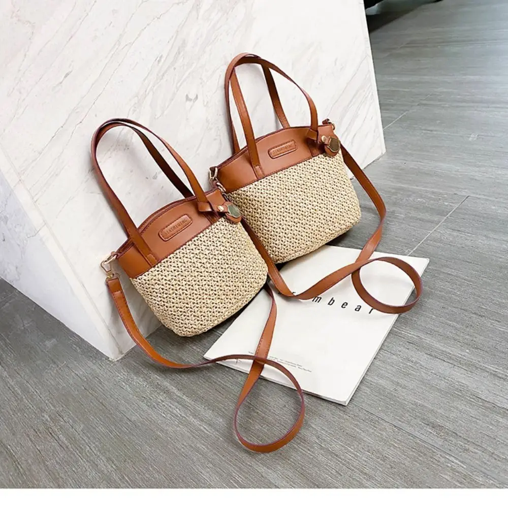 Straw Shoulder Bag New Pu Patchwork Handbags Purse Women