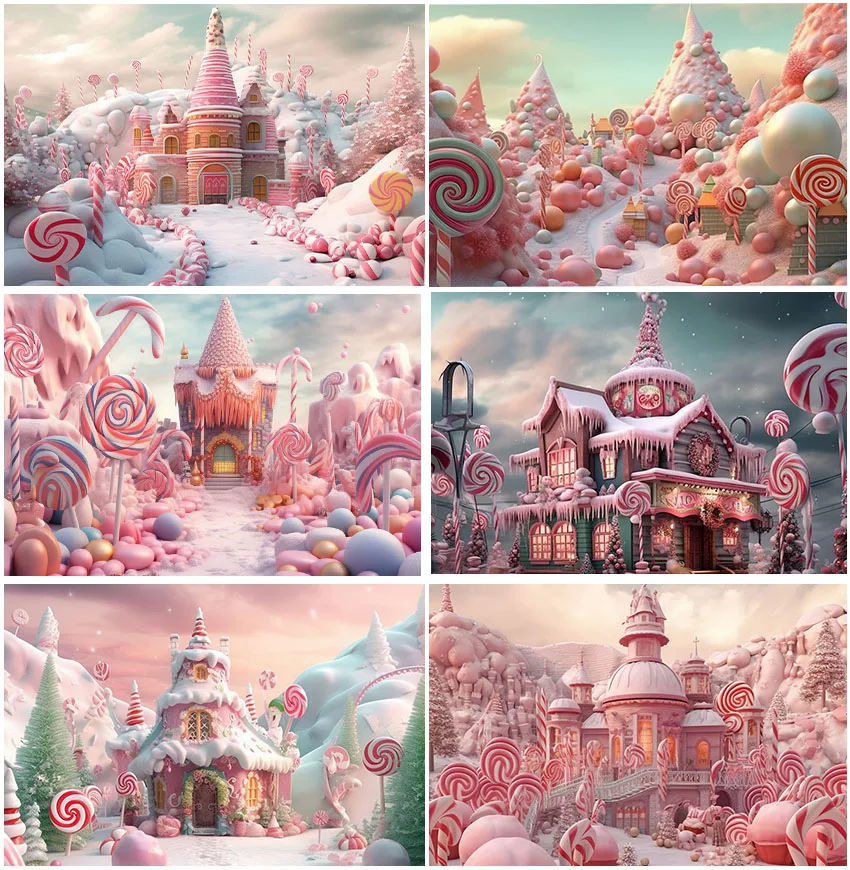 Photography Backgrounds Winter Candy House Snowy Lollipop Party Kids Family Portrait Decor Photo Backdrop Studio Photocall Props