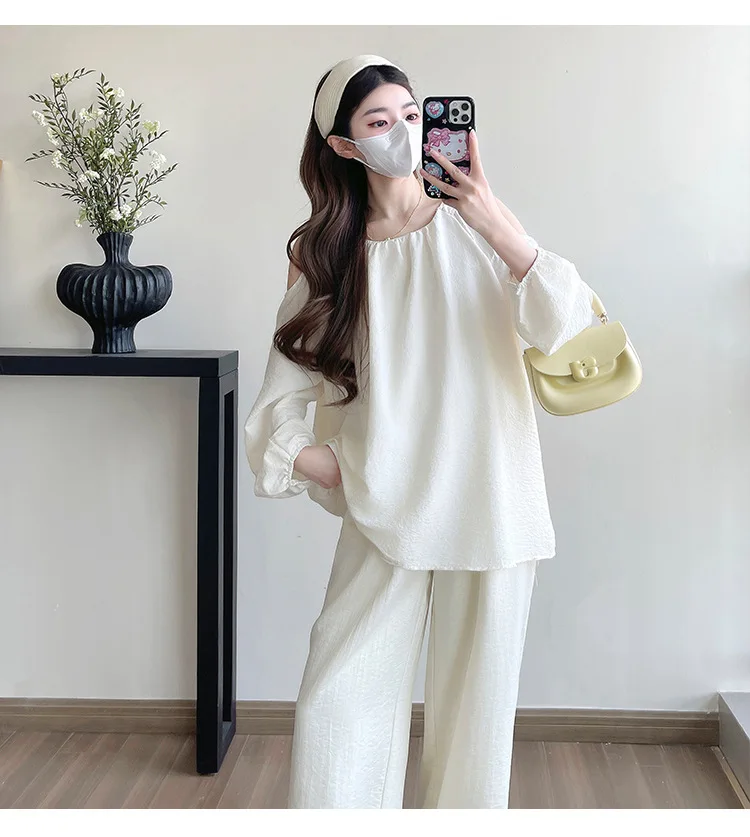 Traje de maternidad 2025, otoño, estilo francés, elegante, minimalista, perezoso, cuello redondo, Top con hombros descubiertos y pantalones de pierna ancha, conjunto de dos piezas