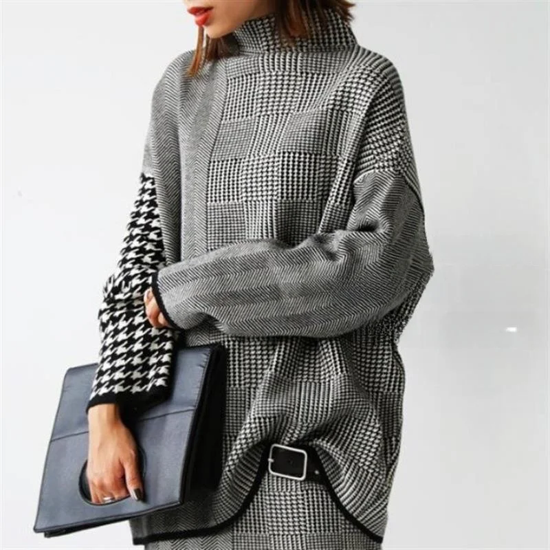 

Loose Large Size High Collar Knitted Sweater Women's Autumn Winter Lazy Sle Cheered Top Cross-Border Japanese Sle