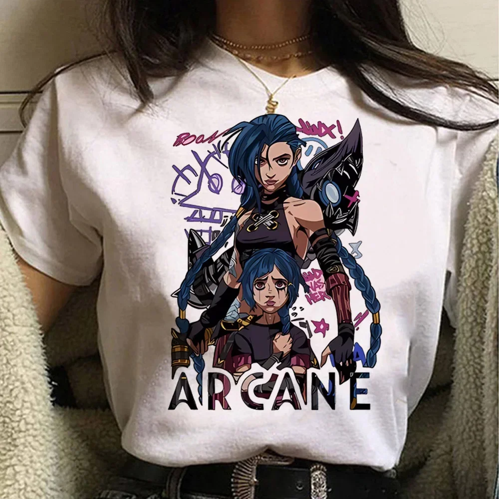 Jinx Arcaneพิมพ์Tเสื้ออะนิเมะคอสเพลย์Tees Topsผู้หญิงผู้ชายความงามแขนสั้นการ์ตูนเสื้อยืดฤดูร้อนStreetwearเสื้อผ้า