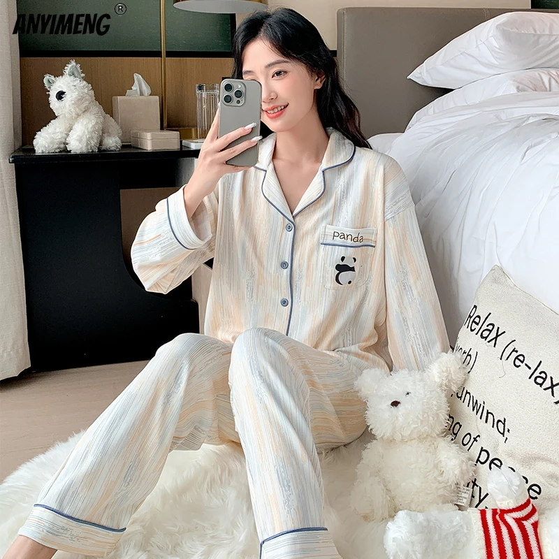 M-5XL Autumn Winter Woman Pajamas Set Fashion Turn-down Collar Sleepwear Lady Home Clothes Soft Faux Cotton Nightwear Lapel Pjs