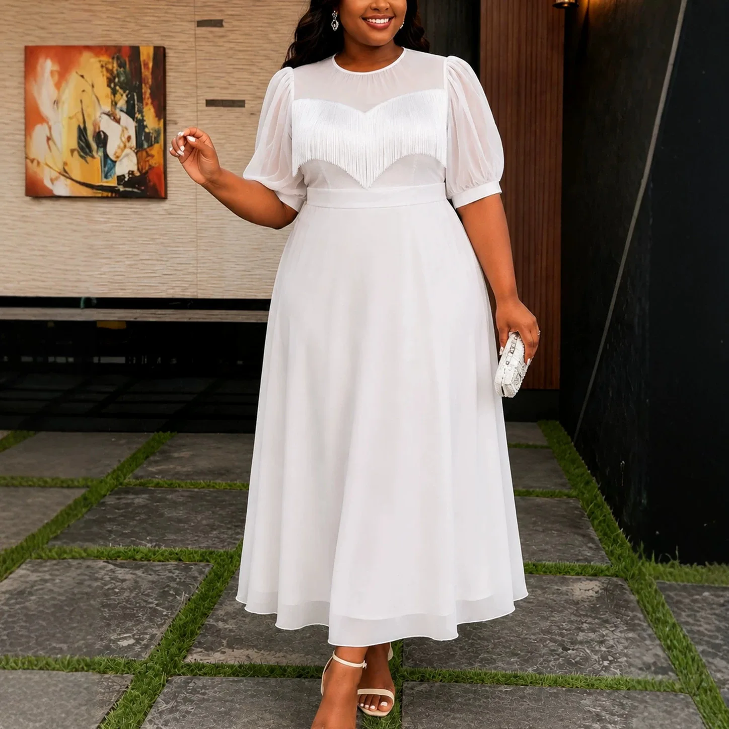 African Women Dresses Elegant White Chiffon O Round Neck Puff Sleeve Tassel Sheer Wedding Guest Cocktail Events Party Occasion