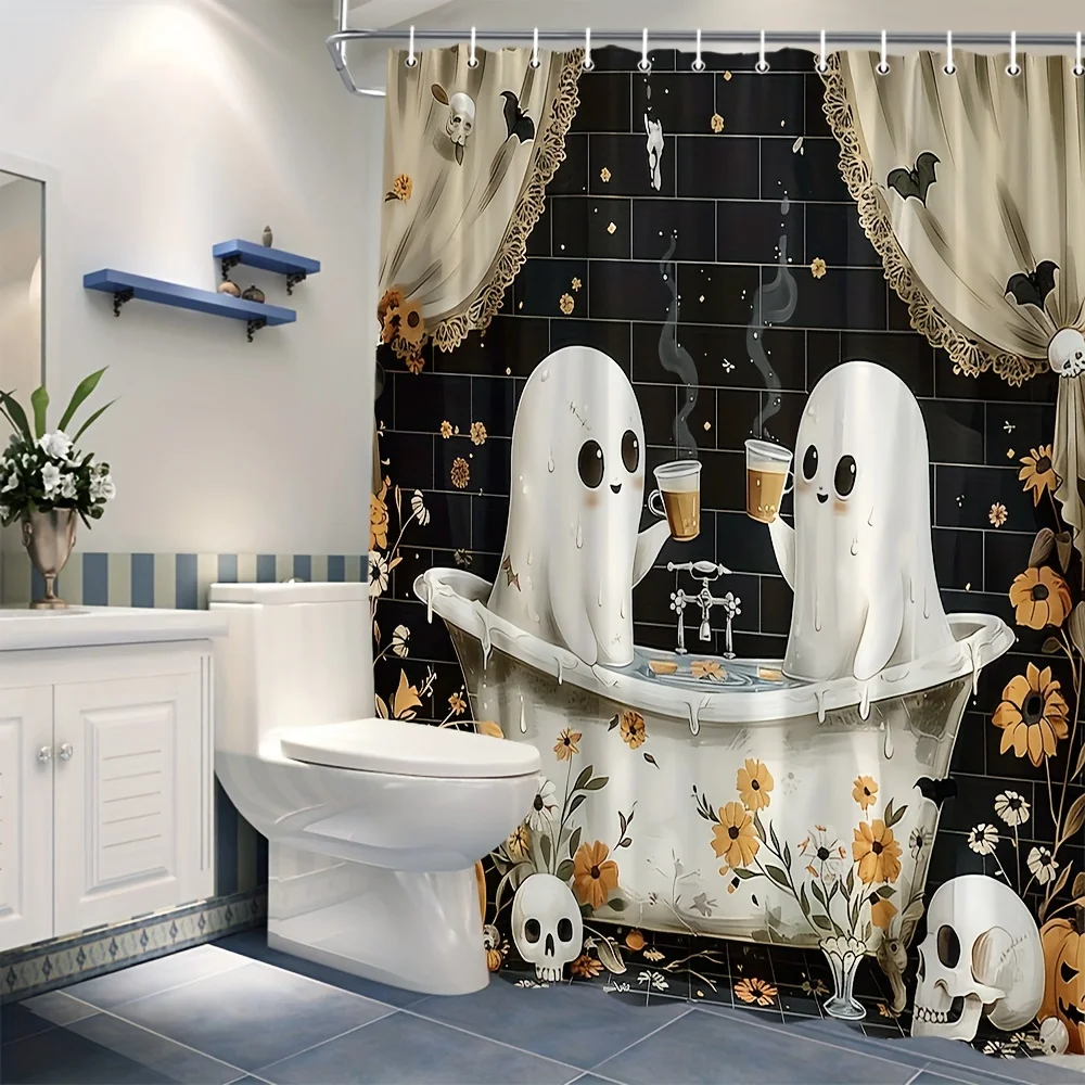 Halloween Shower Curtain with Ghosts, Pumpkins, Skulls, Bats, and Floral Design