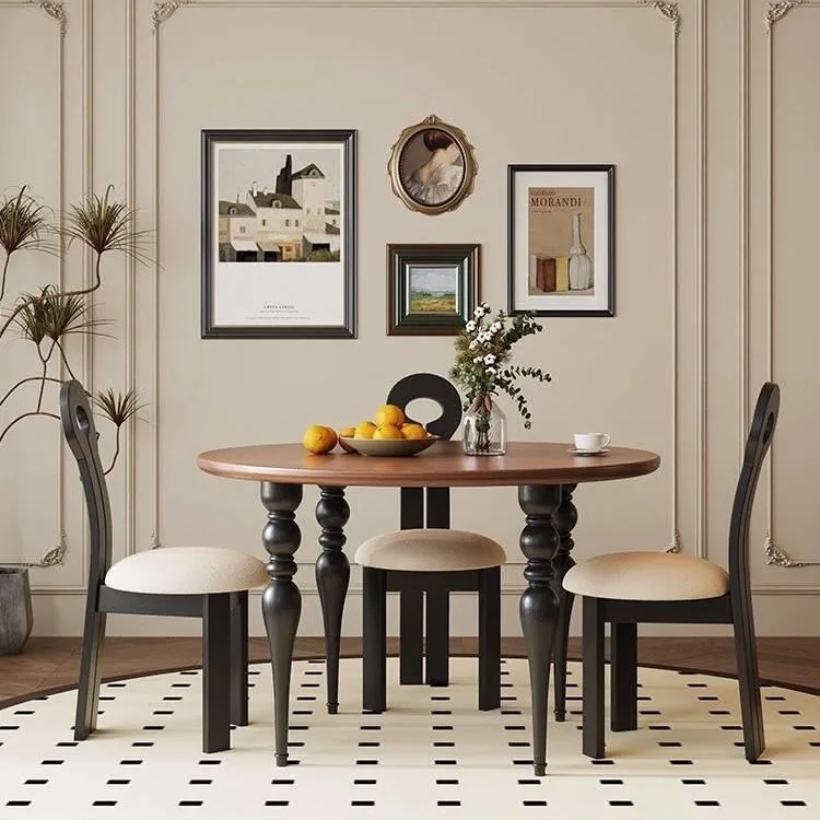 French medieval all-solid wood round dining table, light luxury American dining table, household small apartment round table and