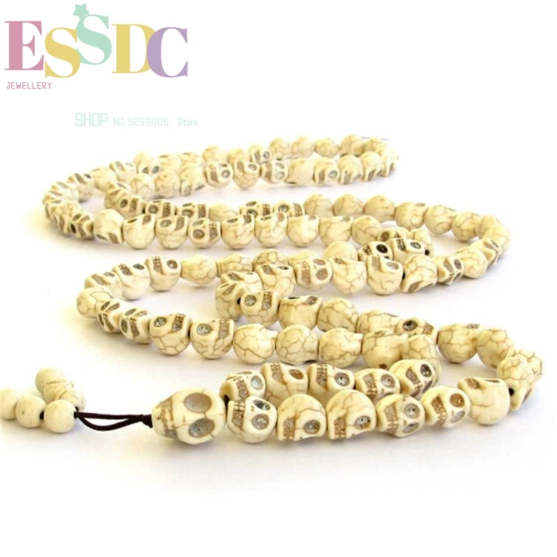 New Arrival Natural White Howlite Hand Carved Skull Beads Tibetan Buddhist 108 Prayer Mala Bracelet or Necklace 13*10mm Dropship