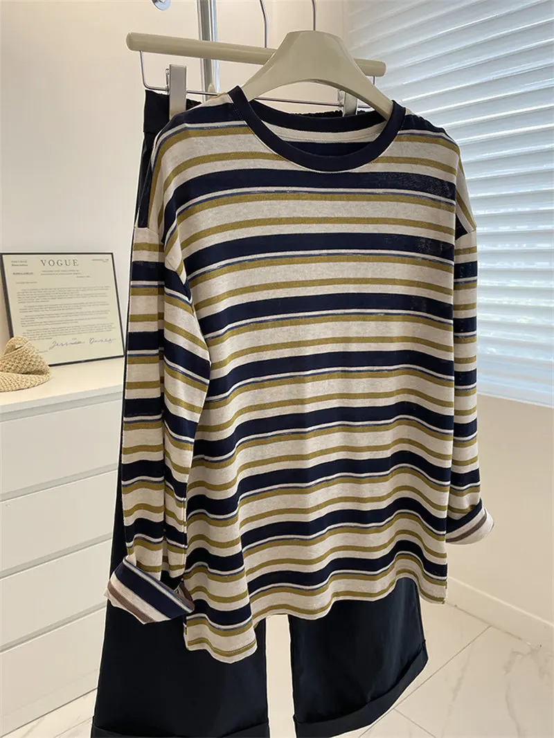 

Футболка в стиле Y2K с ретро-полосками, женская, с длинным рукавом, контрастная, свободного кроя, универсальная, облегающая, с круглым вырезом, осенний повседневный топ