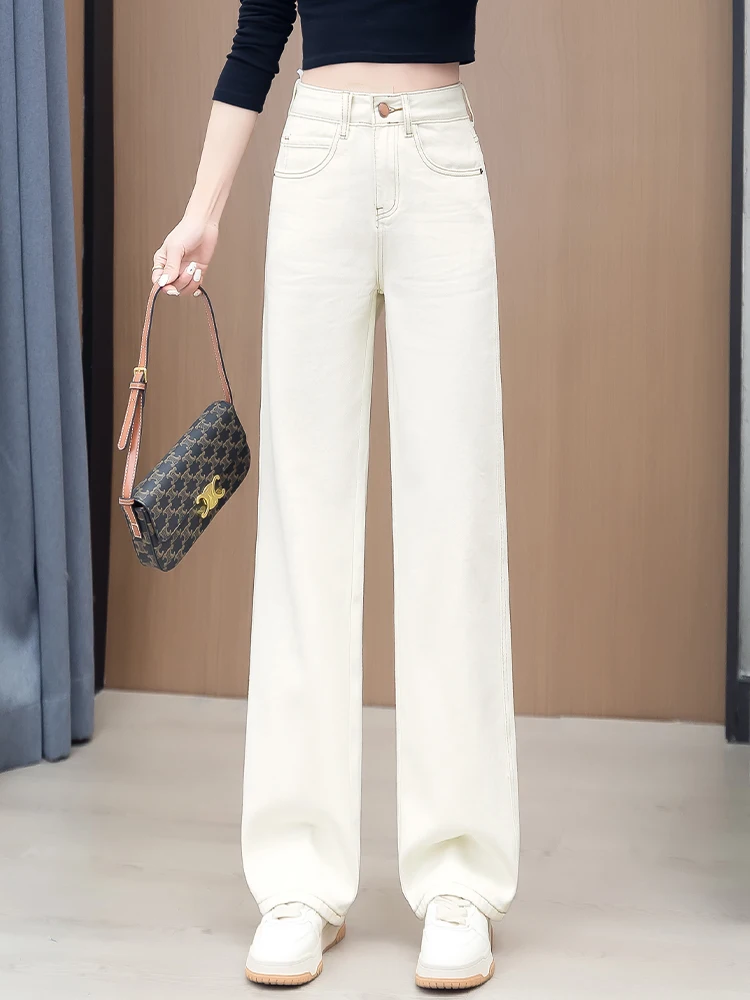 

Slim Wide Leg Denim Pants High Waist Casual Loose Beige Straight Cut Women's Spring Autumn New Style Comfortable Breathable C...