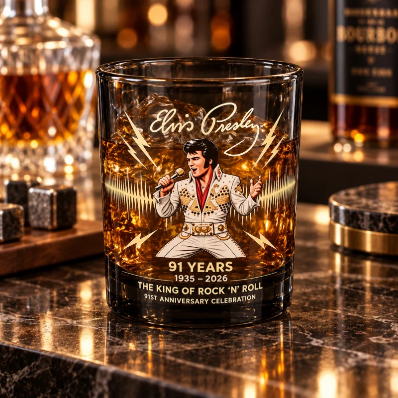 Elvis Presley 91st Anniversary Whiskey Glass 1935-2026 Rock and Roll King Commemorative Tumbler Collector Gift